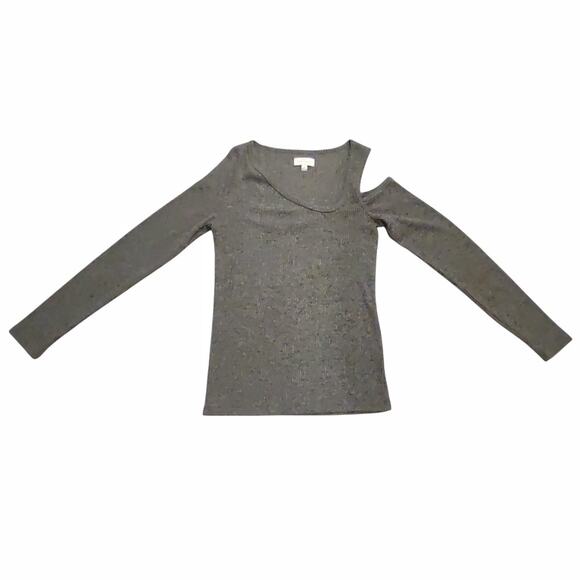 LUCKY BRAND Soft Gray Stretch Knit Top Exposed Shoulder Diagonal Neckline Size M - Picture 2 of 10